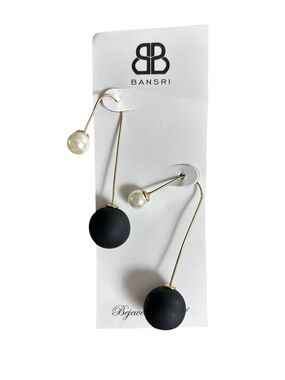 BANSRI Gold Asymmetrical Drop Earrings Black Ball Pearl Minimalist Modern NWT